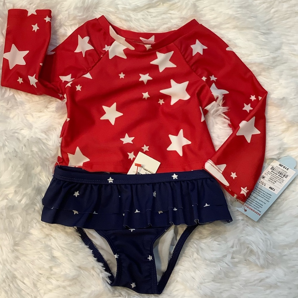NWT Cat & Jack 2 piece baby girl swim set/rash guard, Size 12 mo. Red White Blue